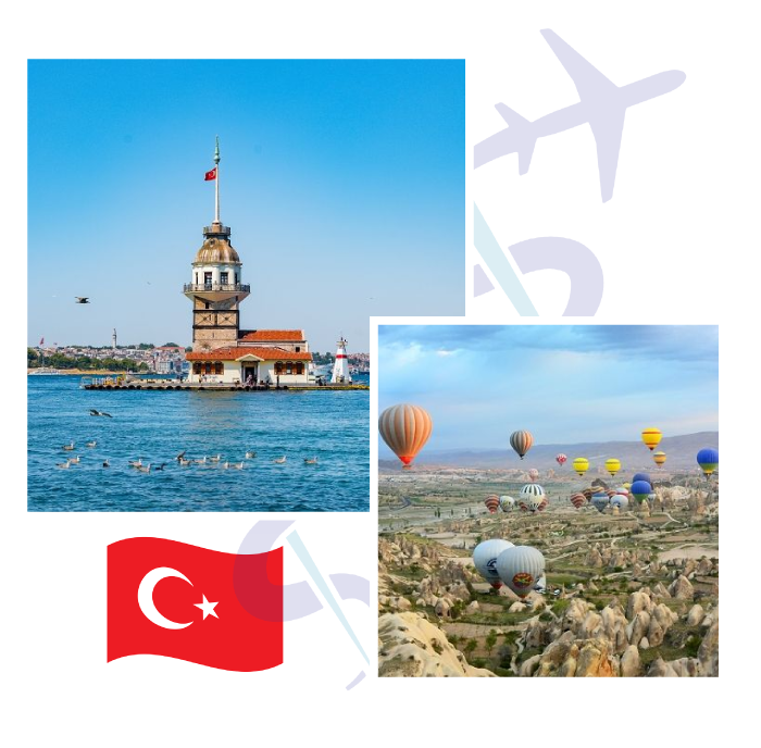 Discover the Wonders of Tourism in Turkey Maiden's Tower and hot air balloons over Cappadocia represent the beauty of Turkey, a prime destination for travelers and medical tourists alike.